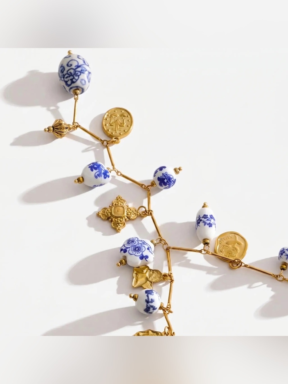Blue & White Porcelain Charm Necklace – Gold Plated Statement Necklace - Picture 2 of 9